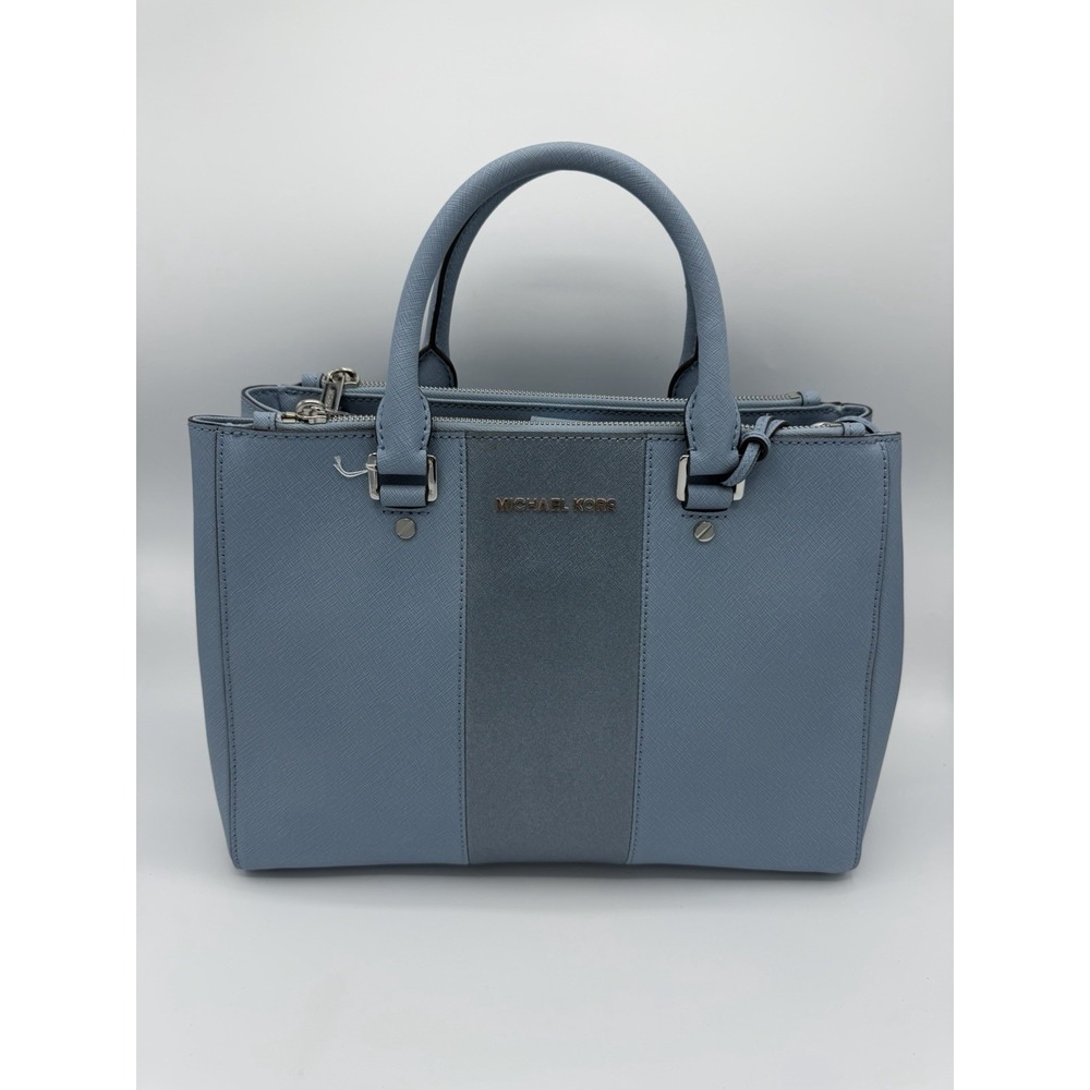New Michael Kors Sutton blue metallic silver Stripe Medium Saffiano leather bag